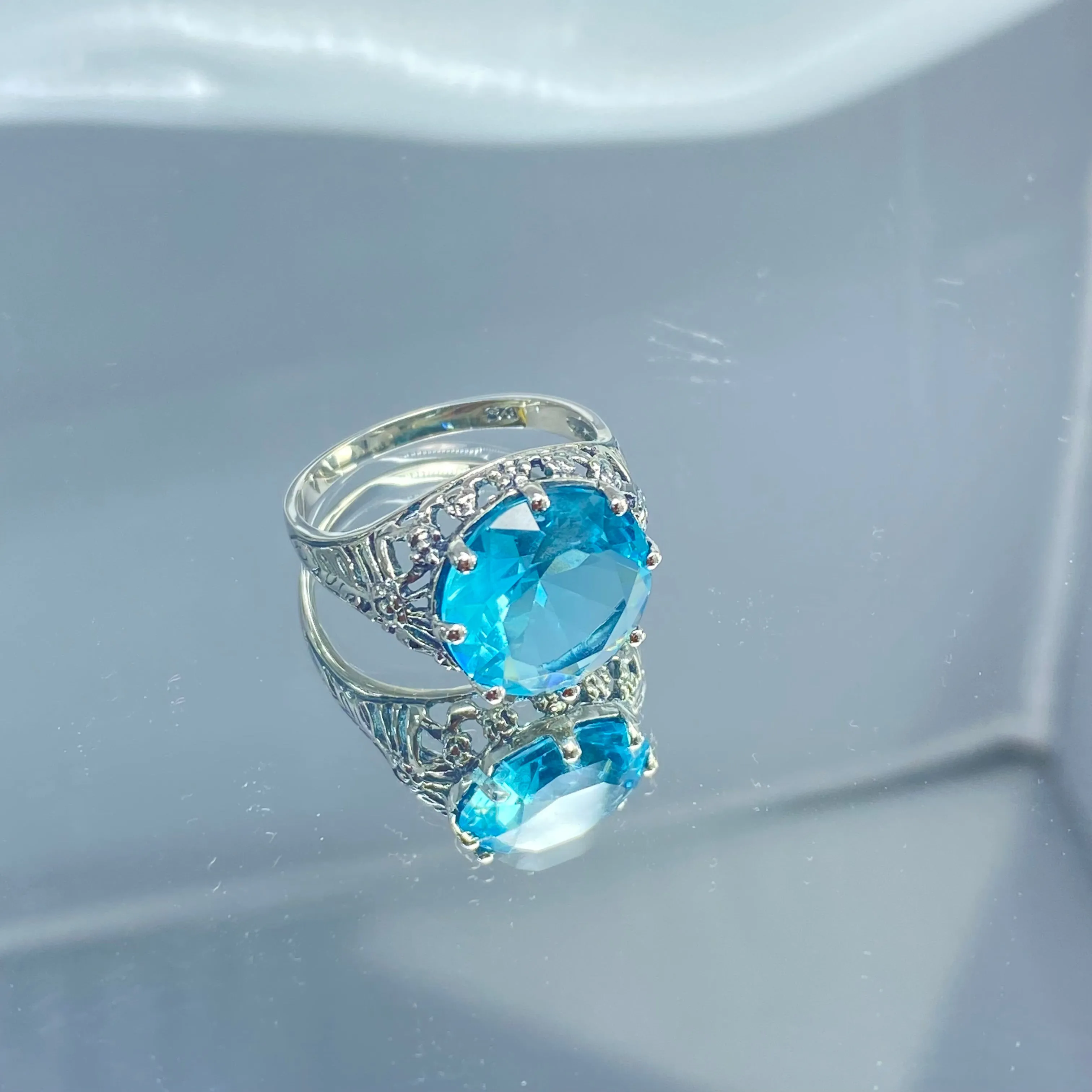 Sky Blue Aquamarine Ring, Size 9, Round Gem, Silver Crown Filigree Victorian Jewelry, D08 - Ready to Ship