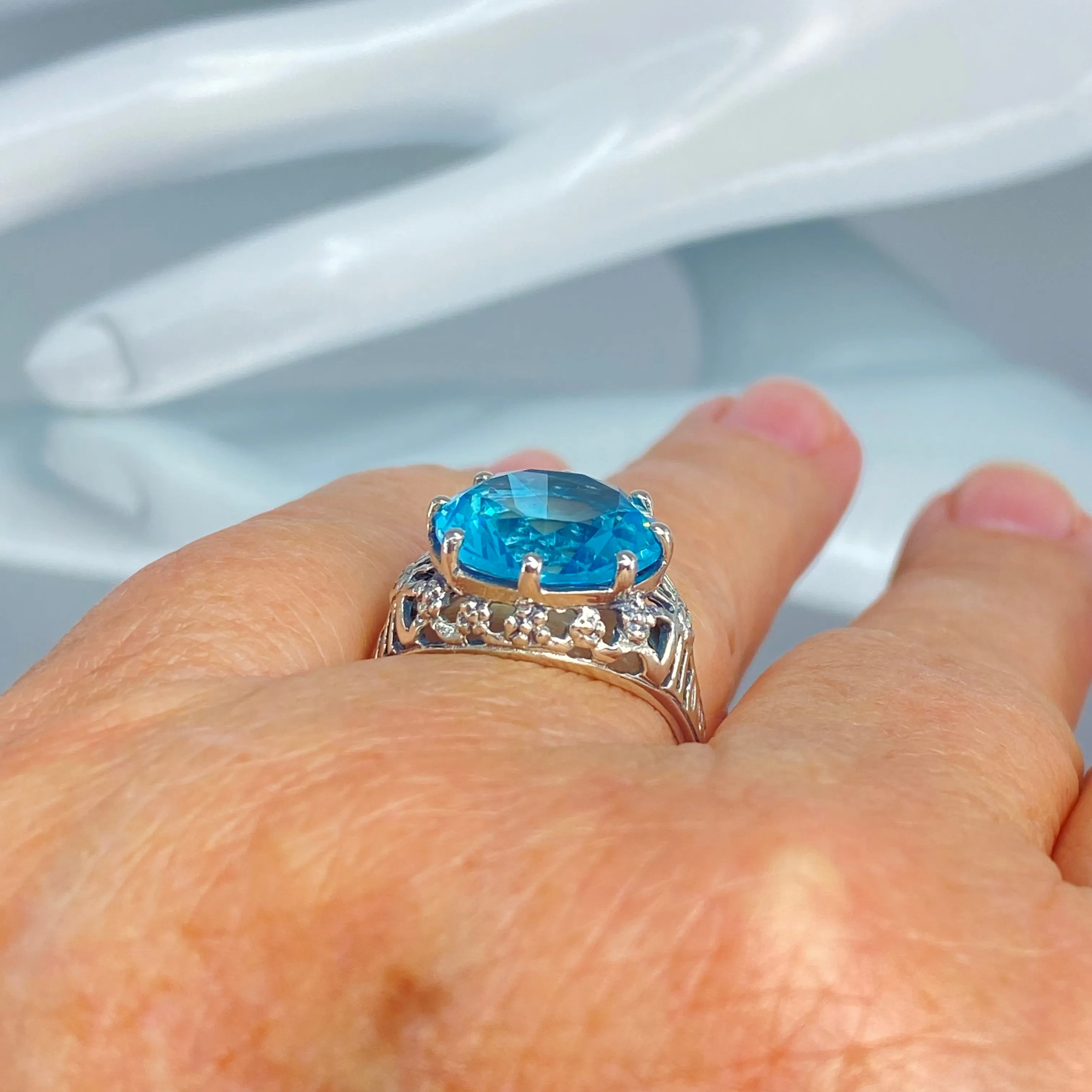 Sky Blue Aquamarine Ring, Size 9, Round Gem, Silver Crown Filigree Victorian Jewelry, D08 - Ready to Ship