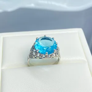 Sky Blue Aquamarine Ring, Size 9, Round Gem, Silver Crown Filigree Victorian Jewelry, D08 - Ready to Ship
