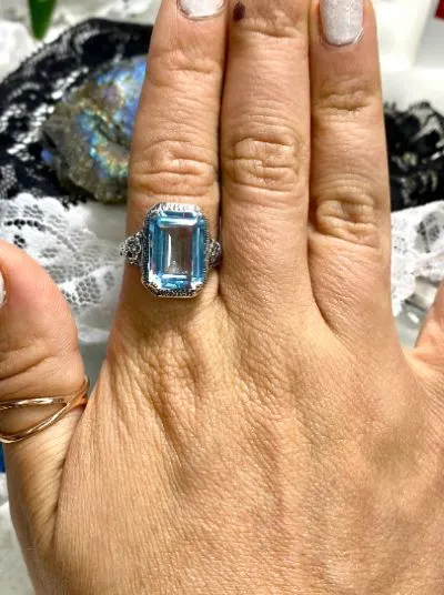 Sky Blue Ring, Size 9 Simulated Cushion Cut Gemstone, Vintage Style Art Nouveau Jewelry, Design#D64 - Ready to Ship