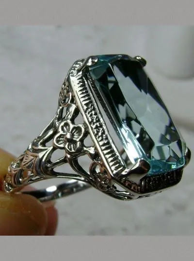 Sky Blue Ring, Size 9 Simulated Cushion Cut Gemstone, Vintage Style Art Nouveau Jewelry, Design#D64 - Ready to Ship