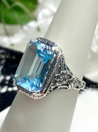 Sky Blue Ring, Size 9 Simulated Cushion Cut Gemstone, Vintage Style Art Nouveau Jewelry, Design#D64 - Ready to Ship