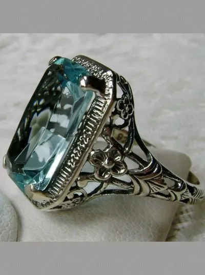 Sky Blue Ring, Size 9 Simulated Cushion Cut Gemstone, Vintage Style Art Nouveau Jewelry, Design#D64 - Ready to Ship