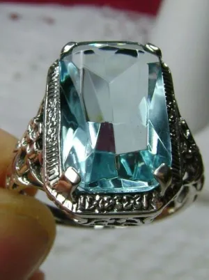Sky Blue Ring, Size 9 Simulated Cushion Cut Gemstone, Vintage Style Art Nouveau Jewelry, Design#D64 - Ready to Ship