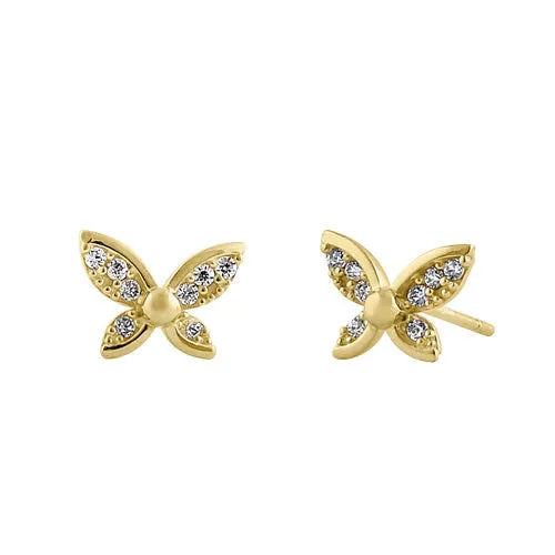 Solid 14K Yellow Gold Simple Flower Butterfly CZ Earrings