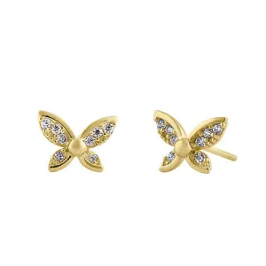 Solid 14K Yellow Gold Simple Flower Butterfly CZ Earrings