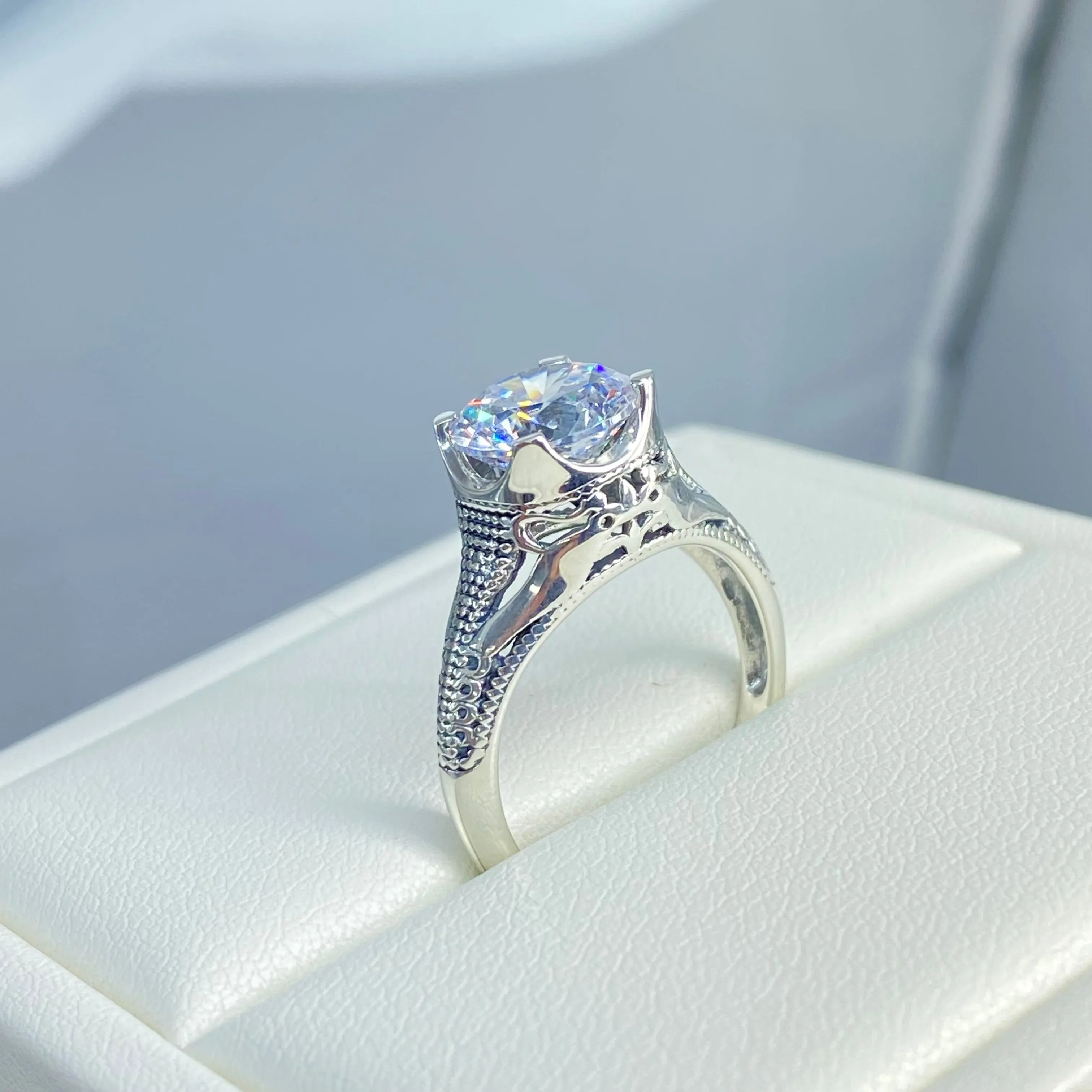 Solitaire Ring, Size 7, White Cubic Zirconia (CZ) Victorian Jewelry #D178 - Ready to Ship