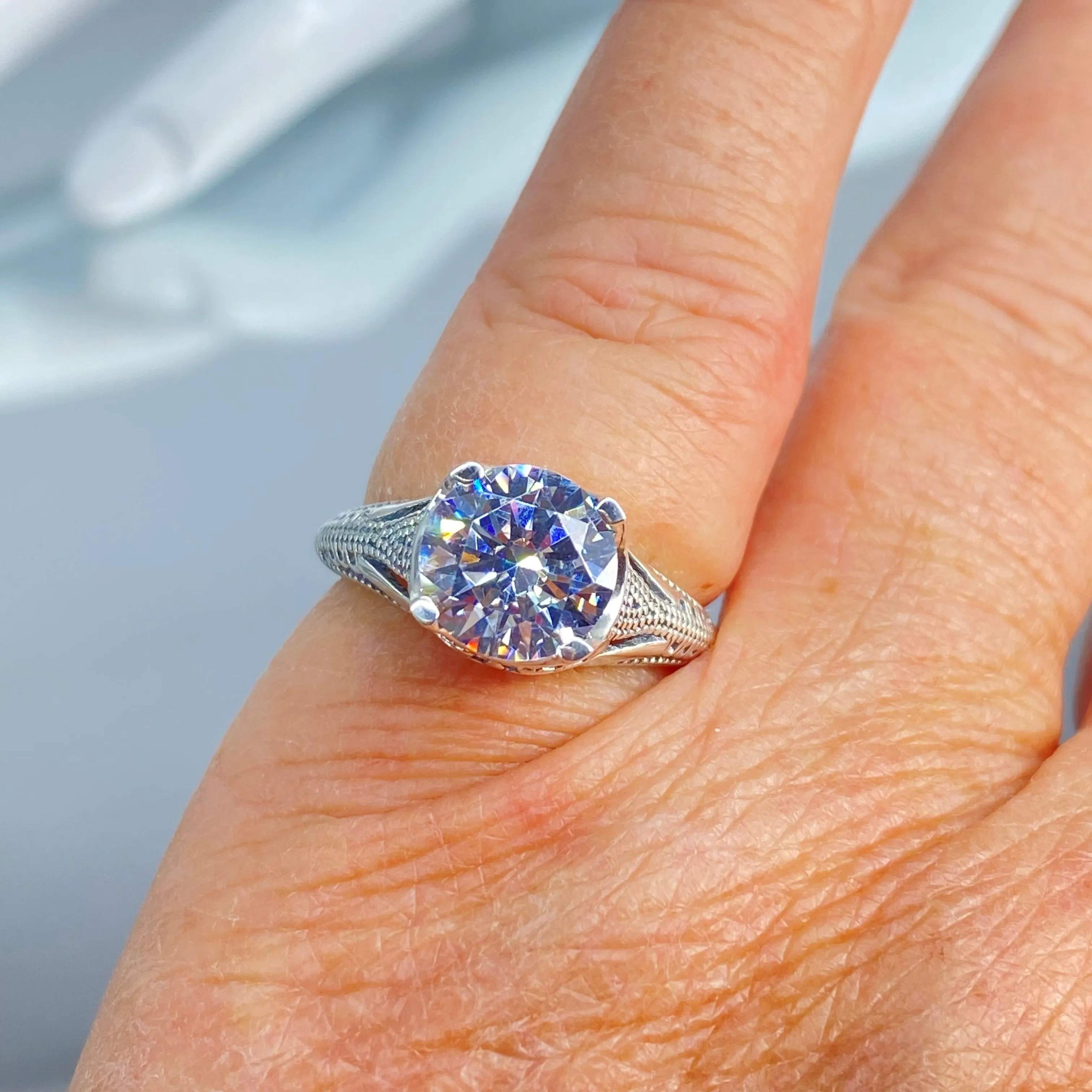 Solitaire Ring, Size 7, White Cubic Zirconia (CZ) Victorian Jewelry #D178 - Ready to Ship