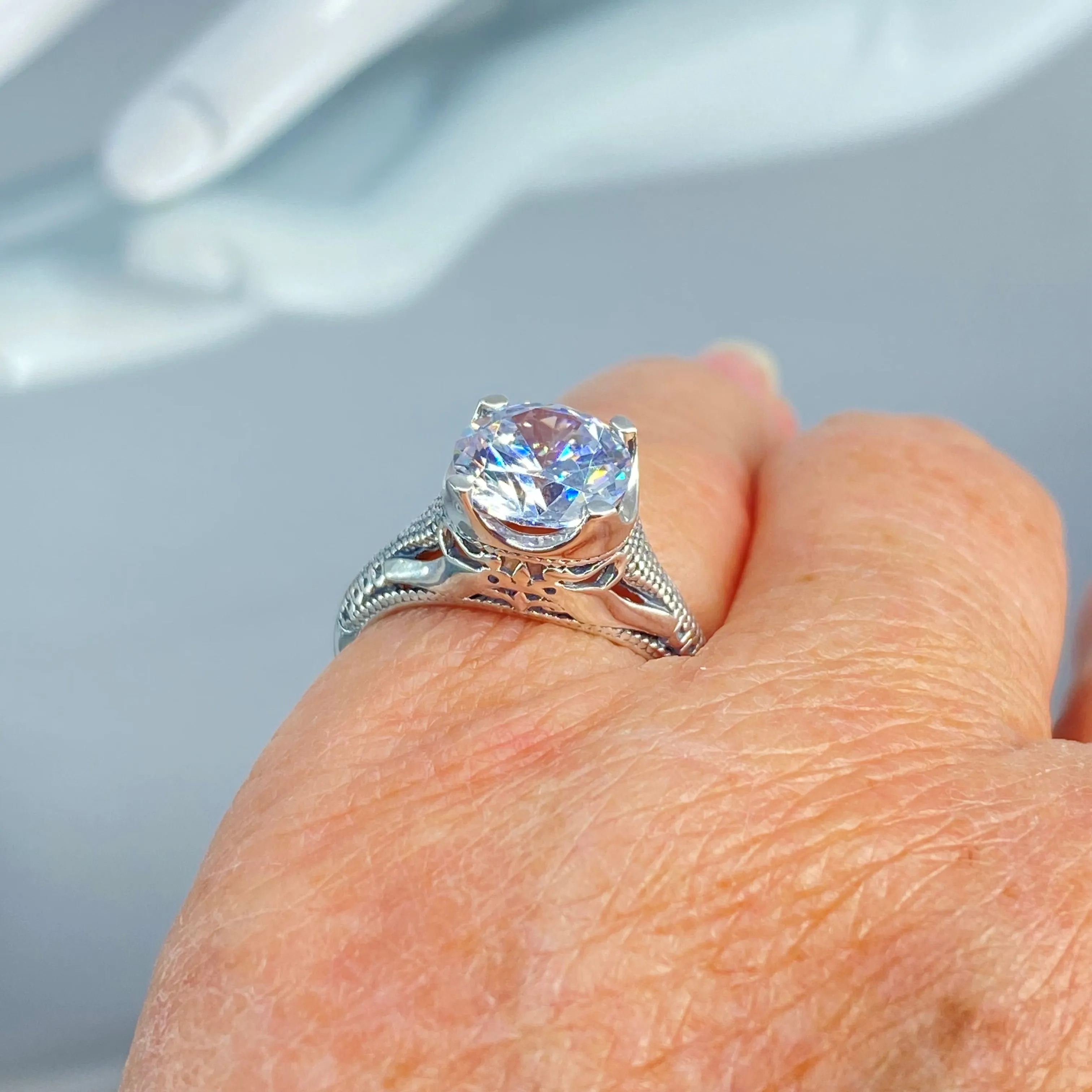 Solitaire Ring, Size 7, White Cubic Zirconia (CZ) Victorian Jewelry #D178 - Ready to Ship