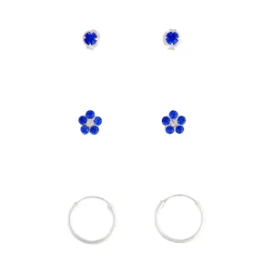 Sterling Silver Blue Stud, Flower & Hoop Pack