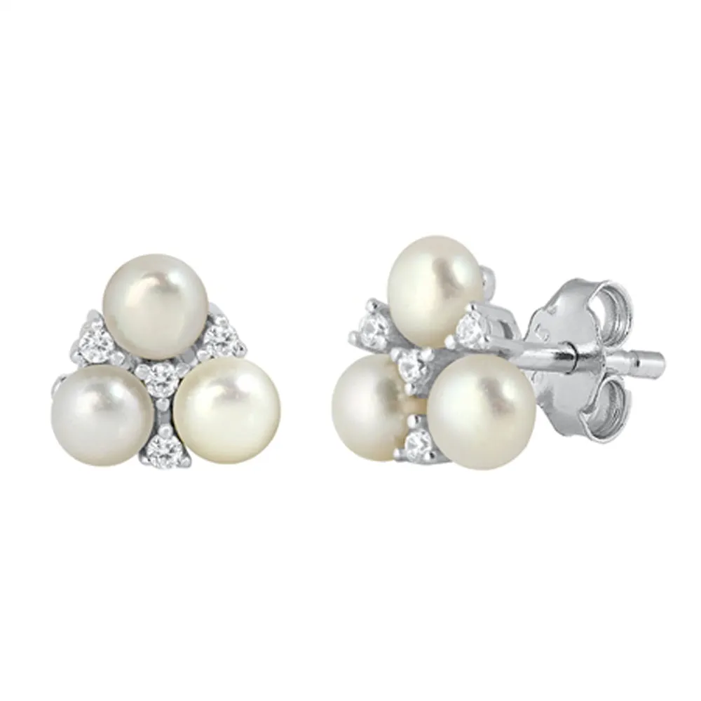 Sterling Silver Elegant Vintage Romantic Earrings Freshwater Pearl Clear CZ 925