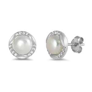 Sterling Silver Round Statement Elegant Earrings Freshwater Pearl Clear CZ 925