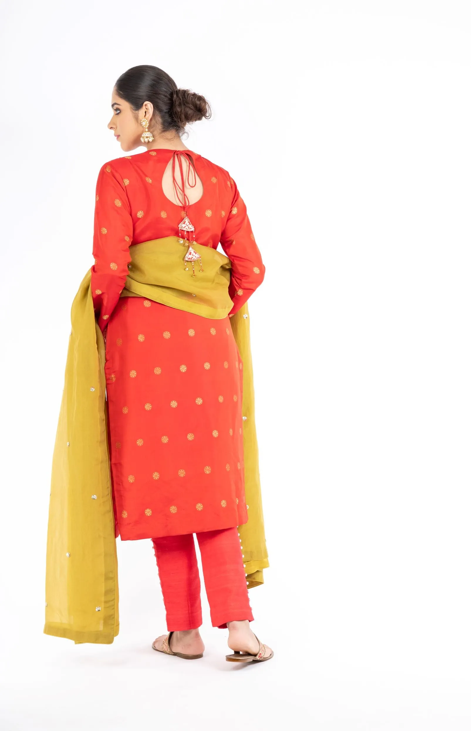 Stunning Red Color Pure Silk Salwar Kameez With an Olive Green Organza Dupatta
