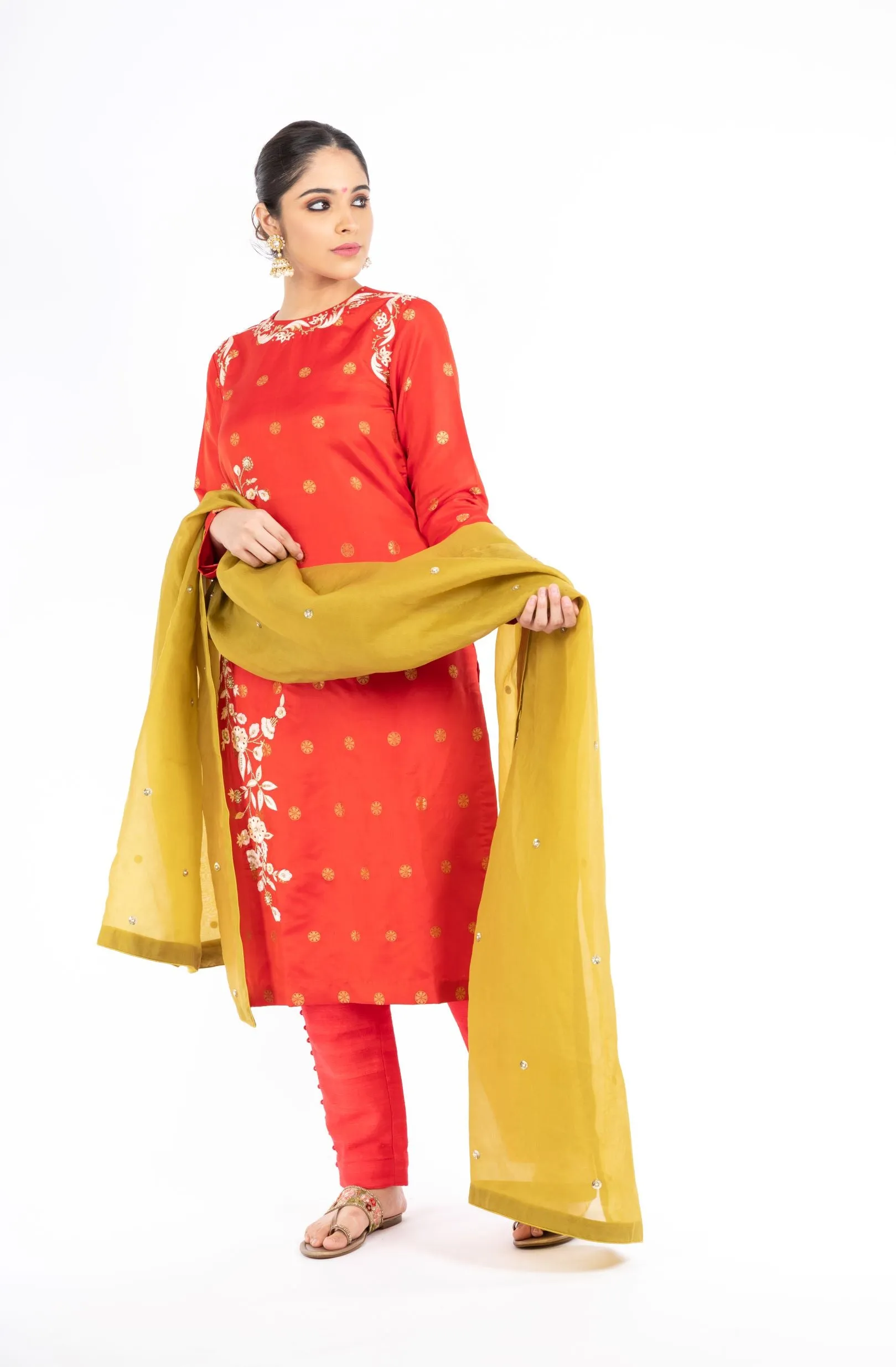 Stunning Red Color Pure Silk Salwar Kameez With an Olive Green Organza Dupatta