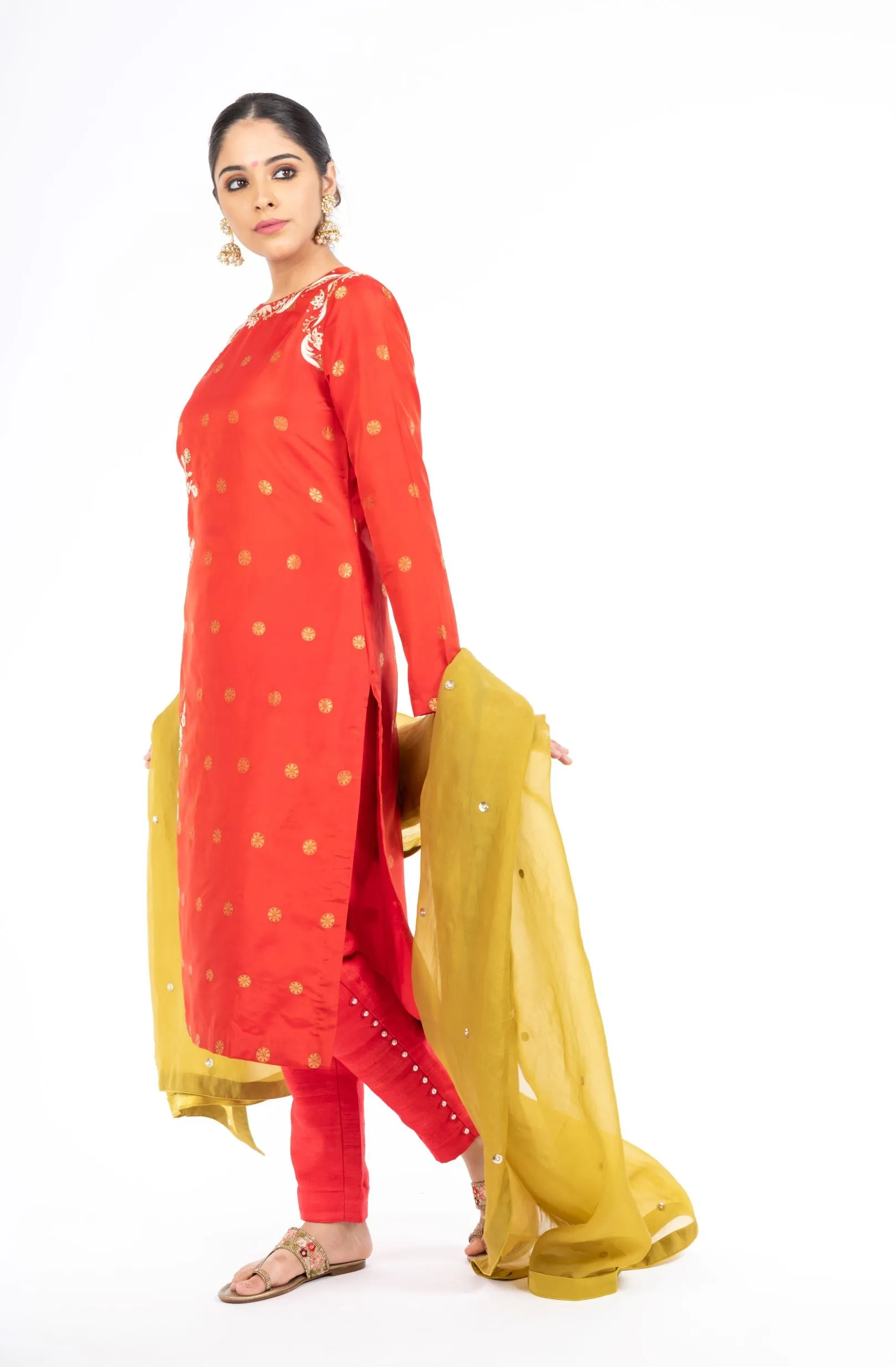 Stunning Red Color Pure Silk Salwar Kameez With an Olive Green Organza Dupatta