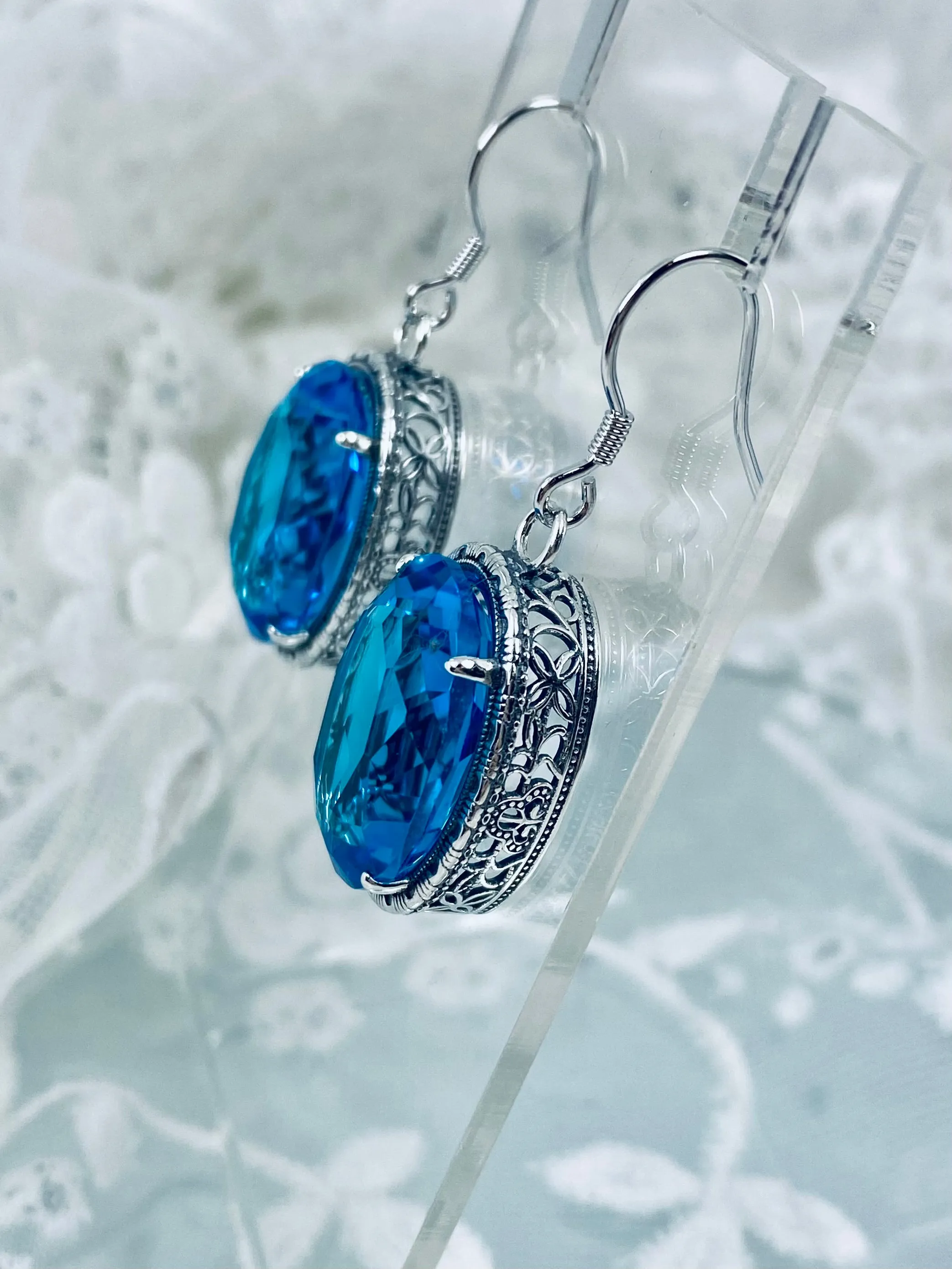 Swiss Blue Earrings, Oval Gemstones, Victorian style Filigree, Persian Design E230