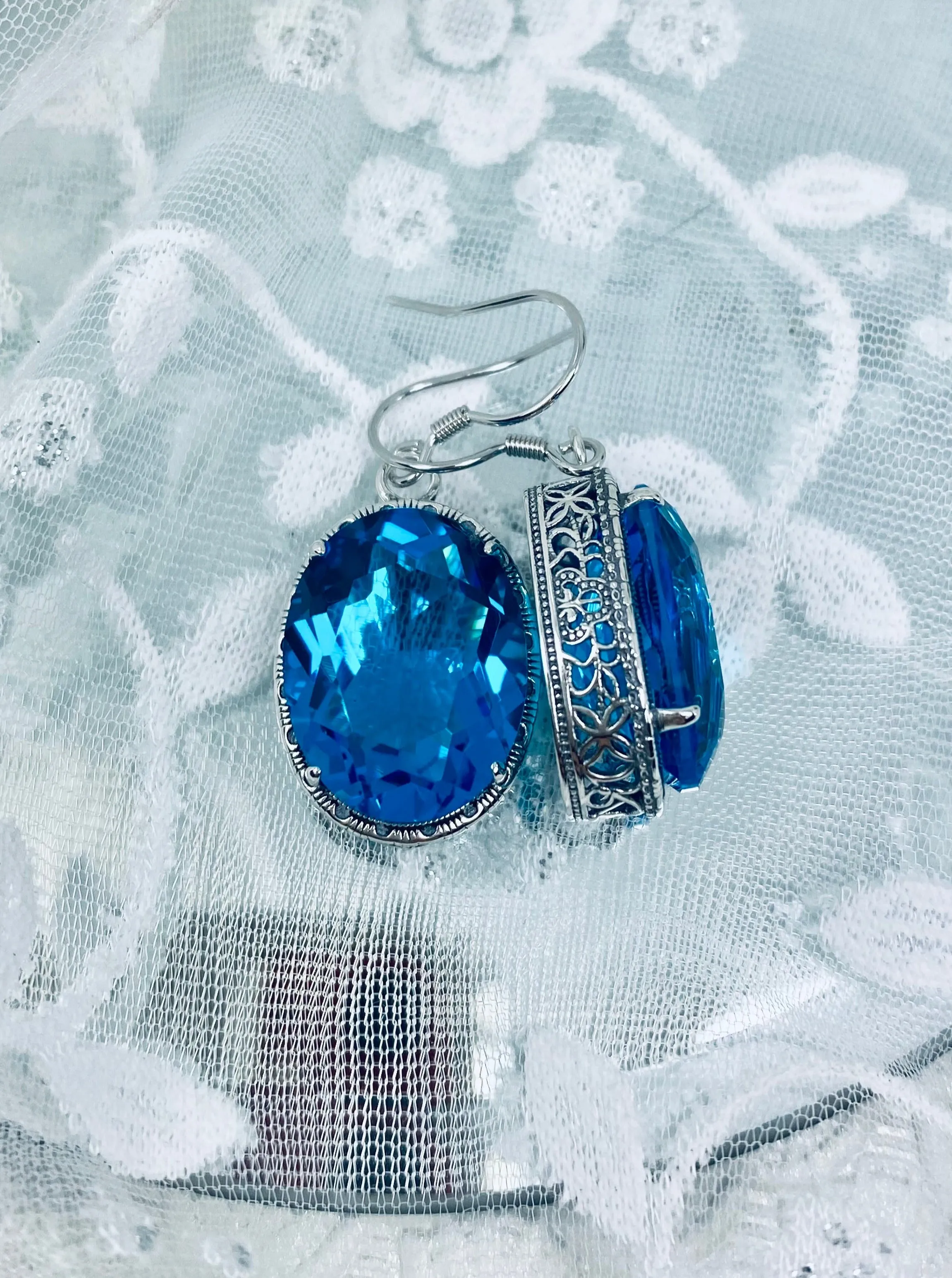 Swiss Blue Earrings, Oval Gemstones, Victorian style Filigree, Persian Design E230