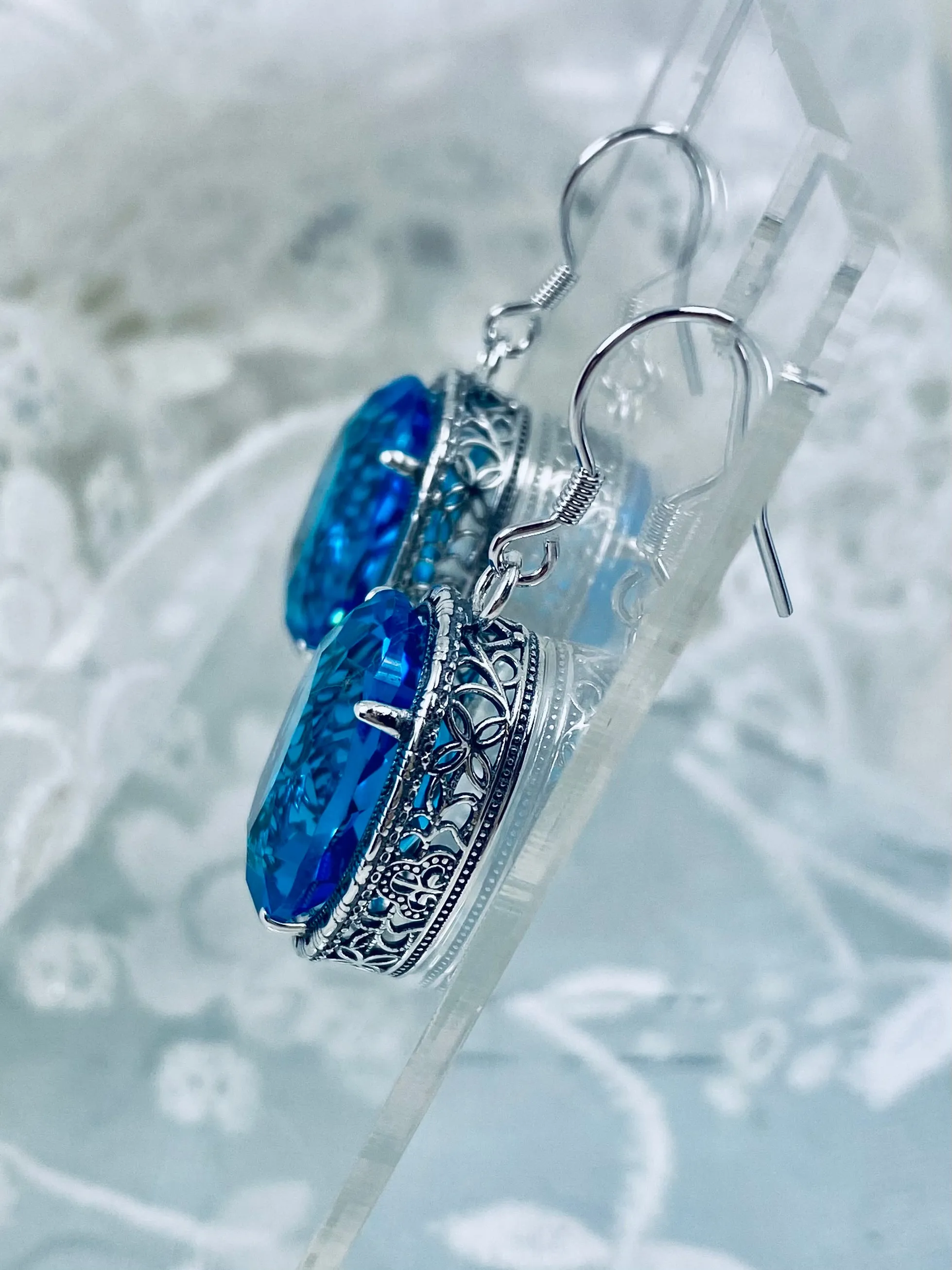 Swiss Blue Earrings, Oval Gemstones, Victorian style Filigree, Persian Design E230