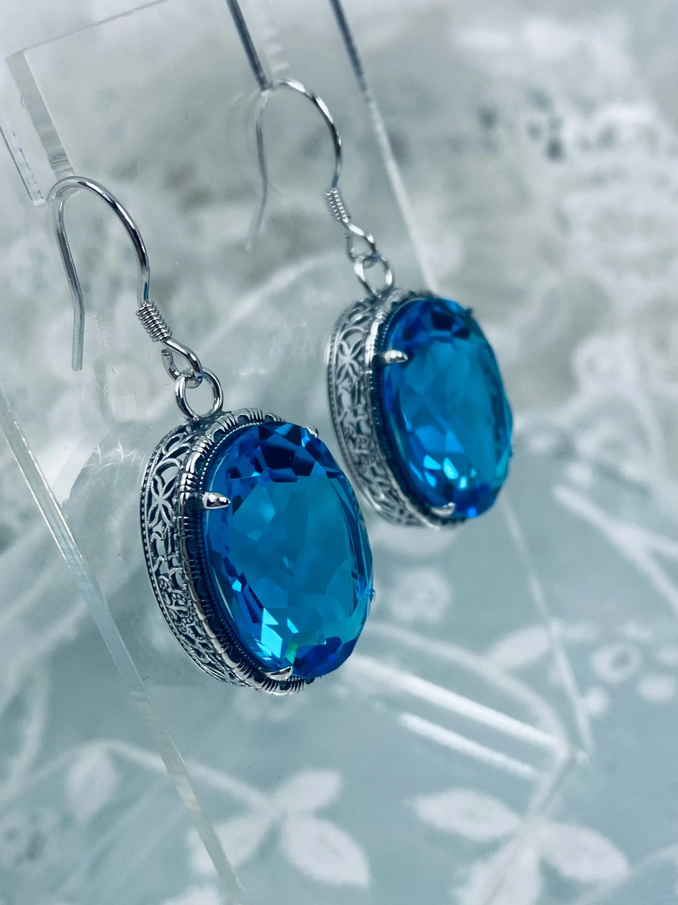 Swiss Blue Earrings, Oval Gemstones, Victorian style Filigree, Persian Design E230
