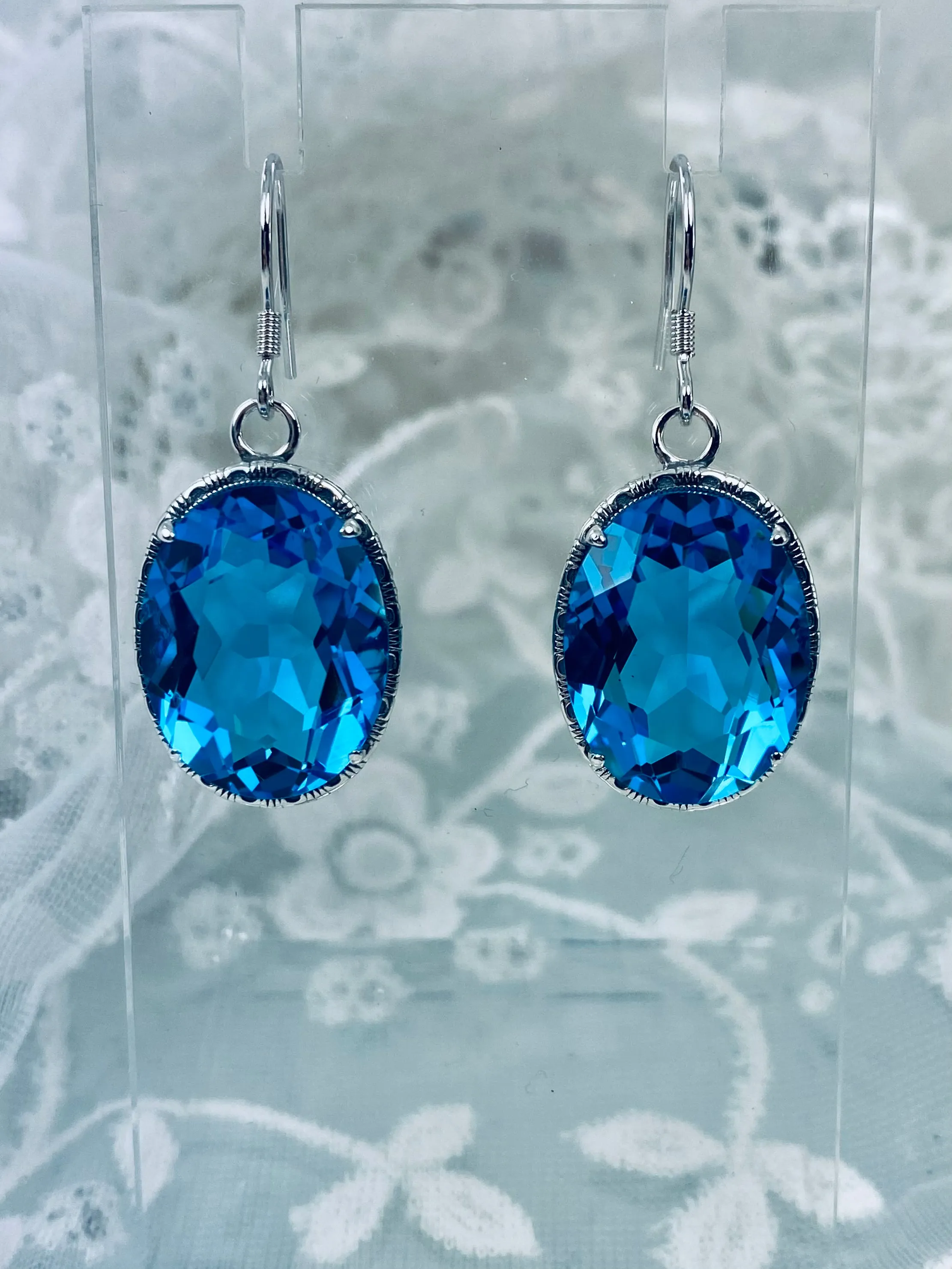 Swiss Blue Earrings, Oval Gemstones, Victorian style Filigree, Persian Design E230