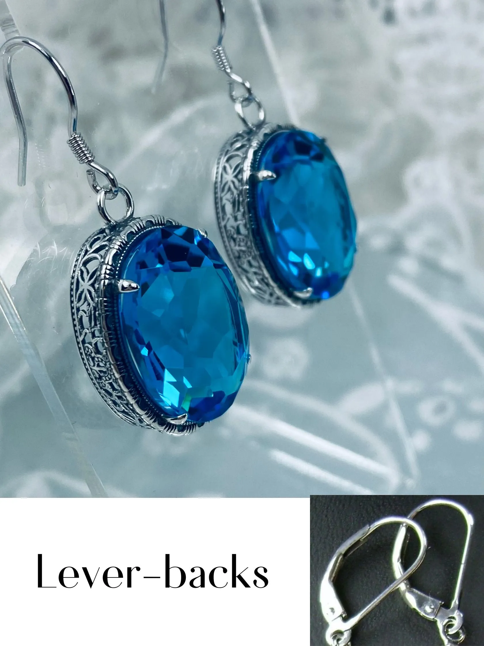 Swiss Blue Earrings, Oval Gemstones, Victorian style Filigree, Persian Design E230