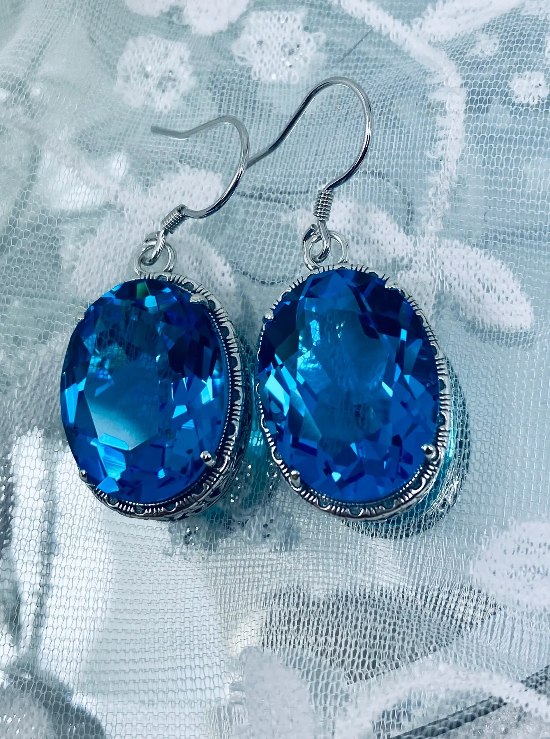 Swiss Blue Earrings, Oval Gemstones, Victorian style Filigree, Persian Design E230