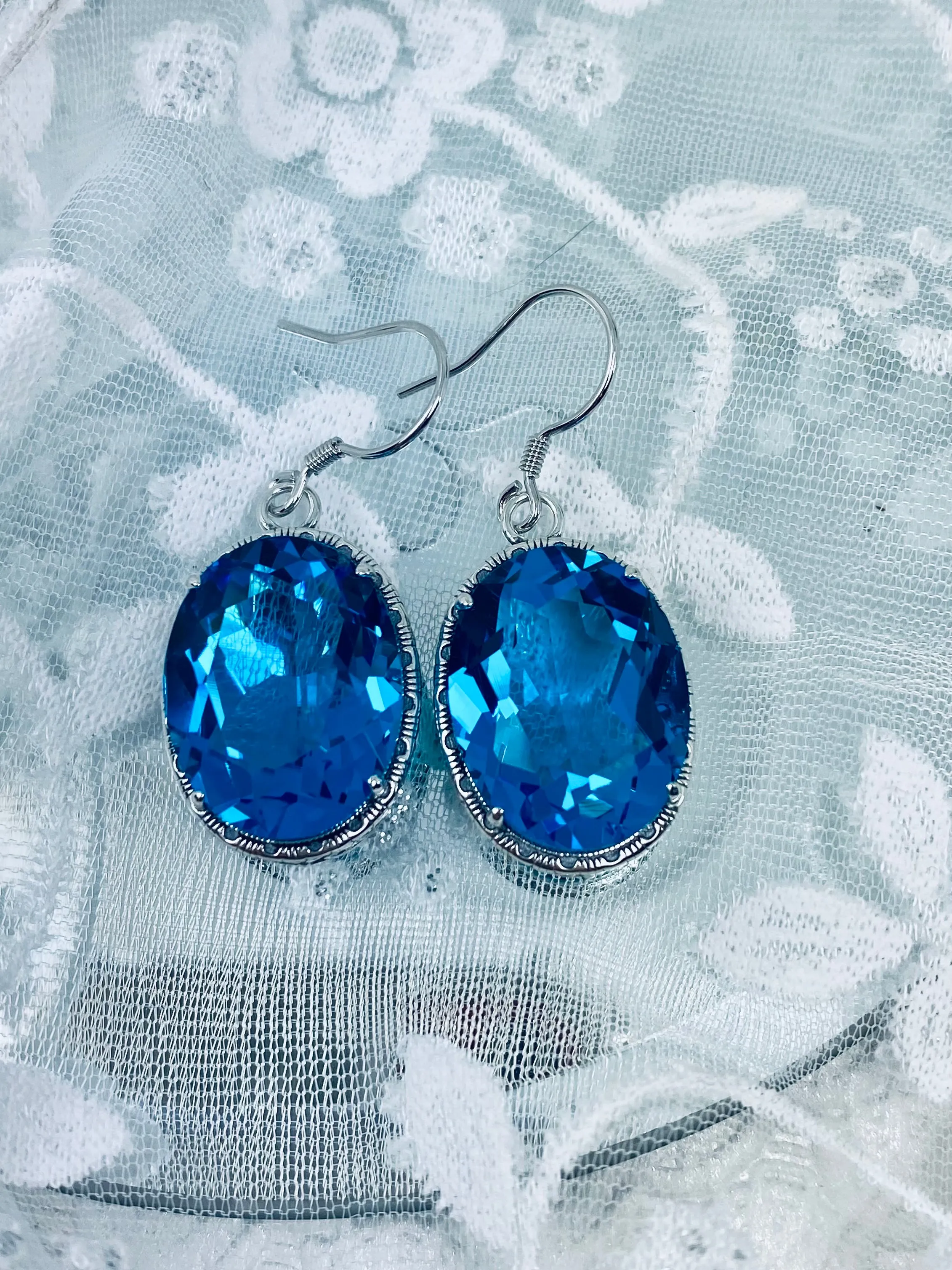 Swiss Blue Earrings, Oval Gemstones, Victorian style Filigree, Persian Design E230