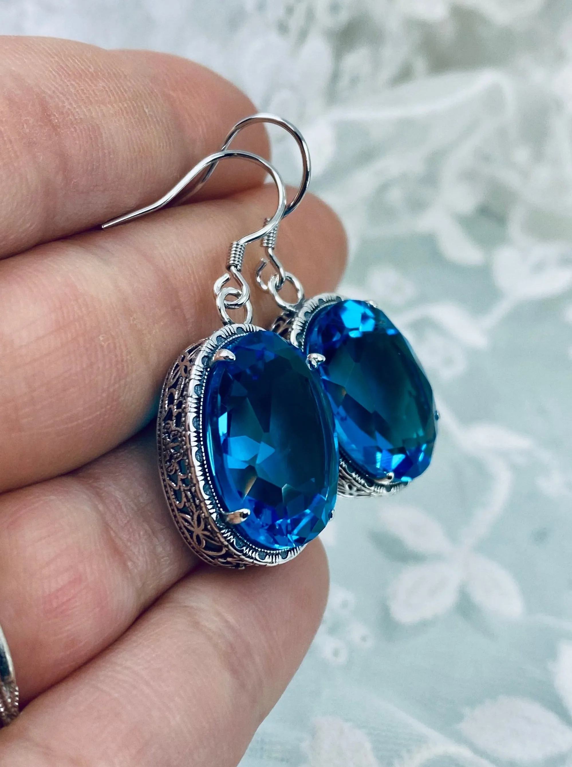Swiss Blue Earrings, Oval Gemstones, Victorian style Filigree, Persian Design E230