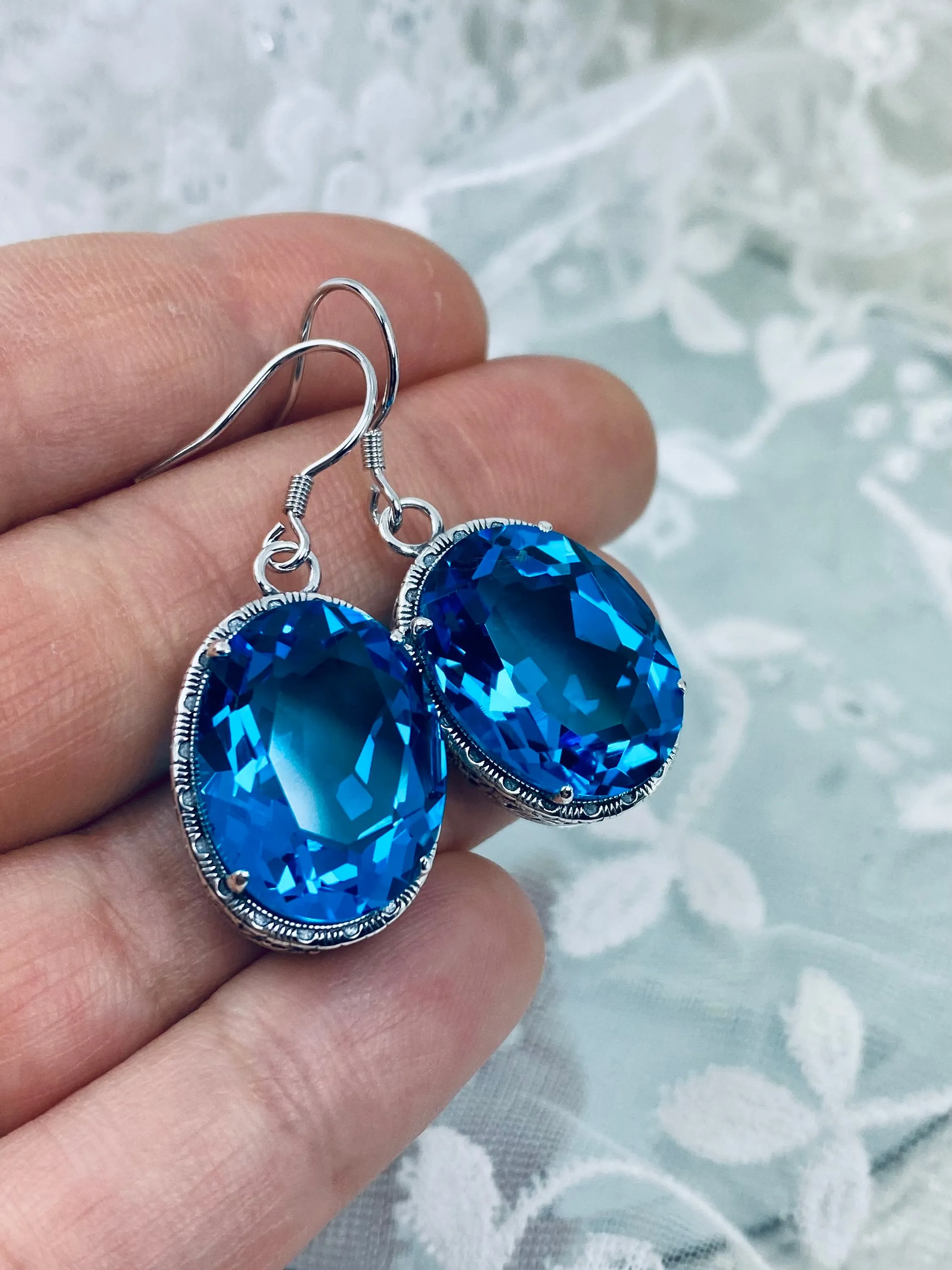 Swiss Blue Earrings, Oval Gemstones, Victorian style Filigree, Persian Design E230