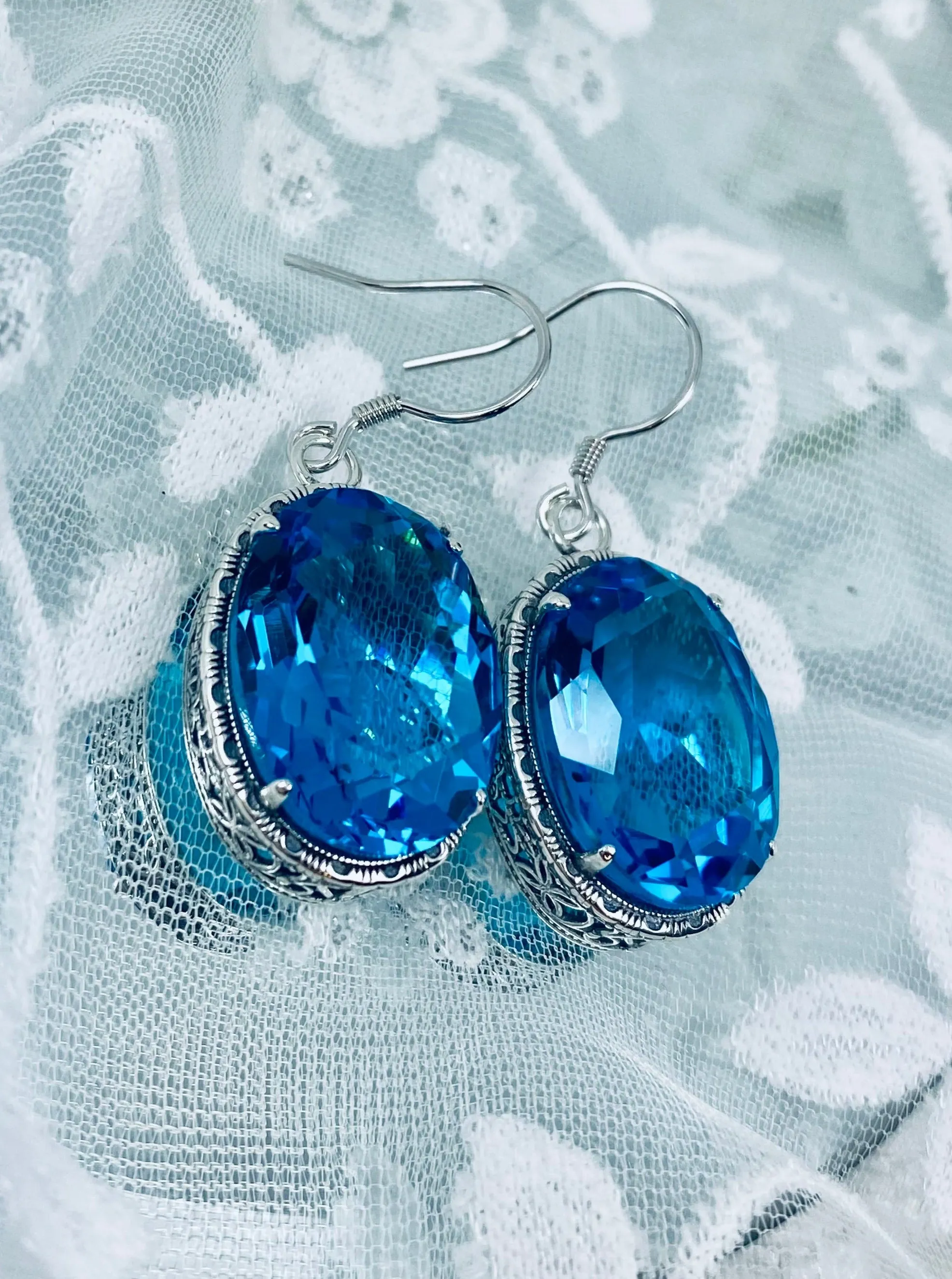 Swiss Blue Earrings, Oval Gemstones, Victorian style Filigree, Persian Design E230