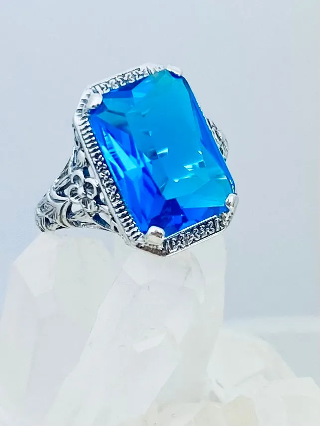 Swiss Blue Topaz Ring, Size 7, Cushion Cut Gemstone, Vintage Style Art Nouveau Jewelry, Design#D64 - Ready to Ship