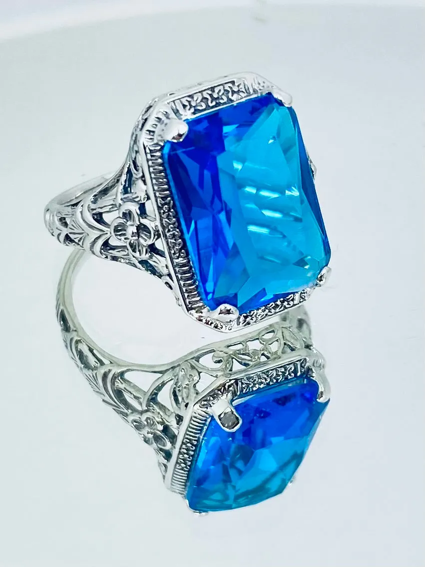 Swiss Blue Topaz Ring, Size 7, Cushion Cut Gemstone, Vintage Style Art Nouveau Jewelry, Design#D64 - Ready to Ship