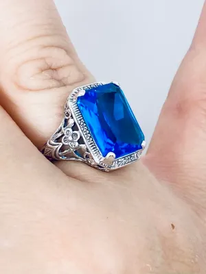 Swiss Blue Topaz Ring, Size 7, Cushion Cut Gemstone, Vintage Style Art Nouveau Jewelry, Design#D64 - Ready to Ship