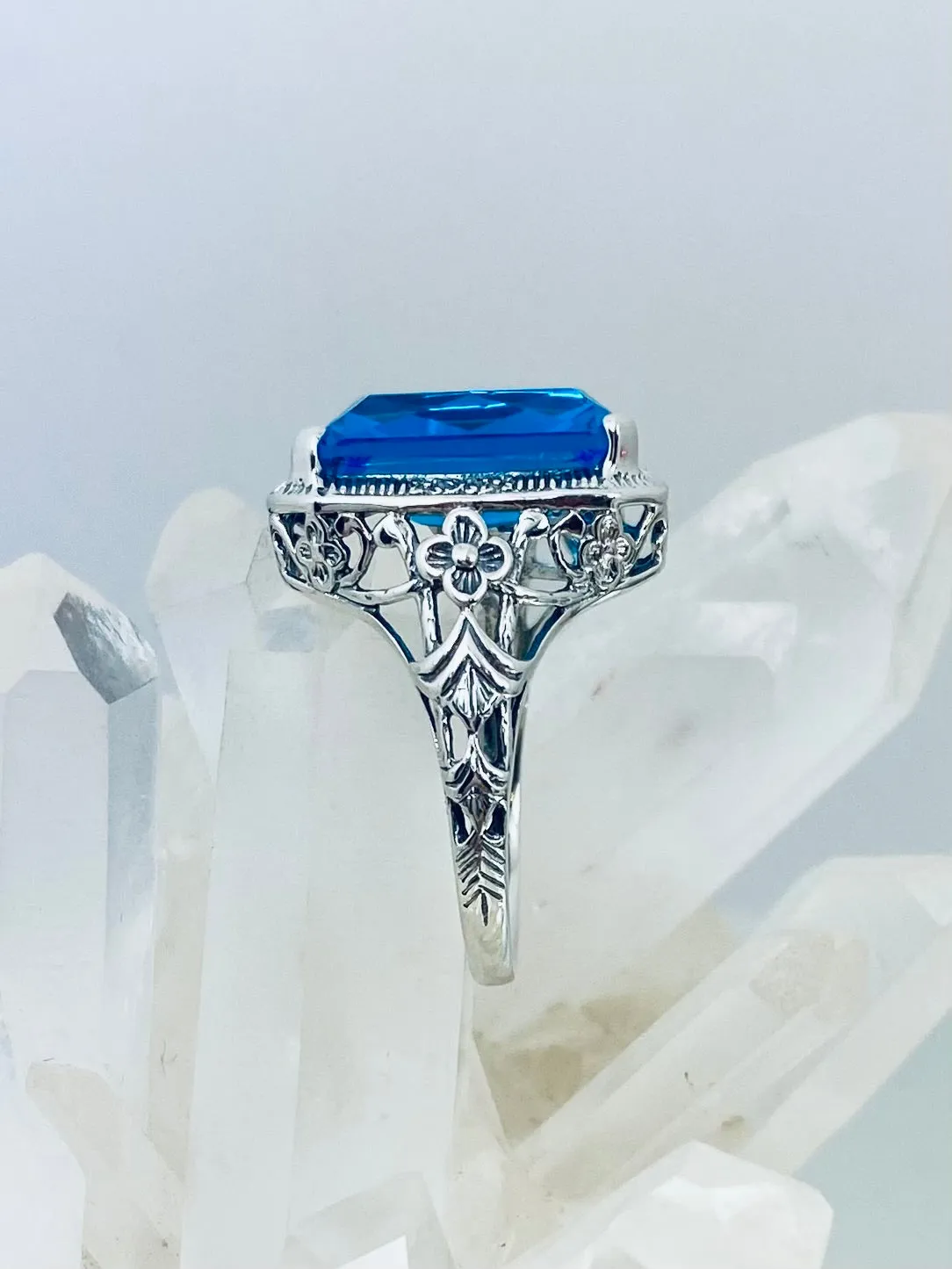 Swiss Blue Topaz Ring, Size 7, Cushion Cut Gemstone, Vintage Style Art Nouveau Jewelry, Design#D64 - Ready to Ship