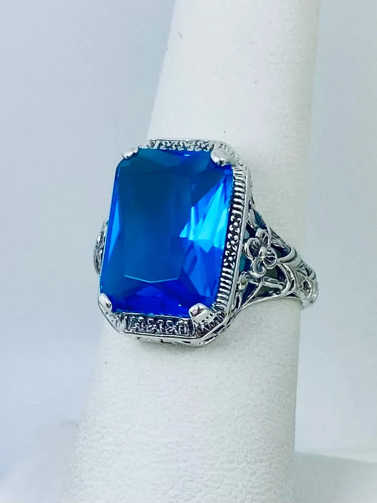 Swiss Blue Topaz Ring, Size 7, Cushion Cut Gemstone, Vintage Style Art Nouveau Jewelry, Design#D64 - Ready to Ship