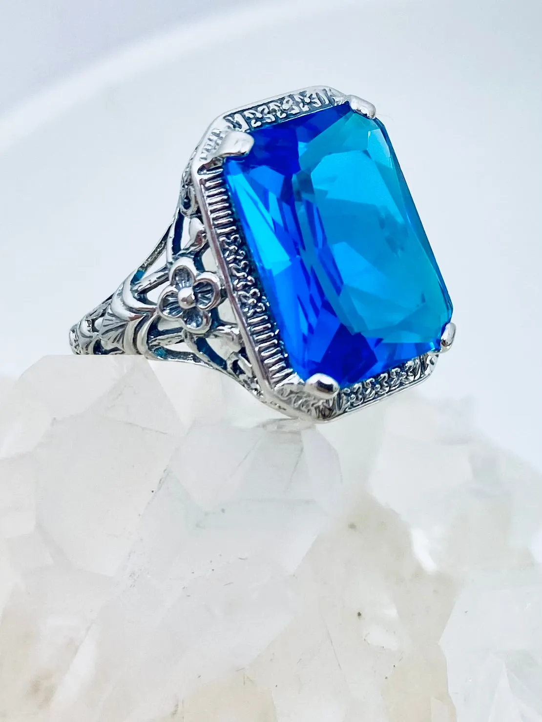Swiss Blue Topaz Ring, Size 7, Cushion Cut Gemstone, Vintage Style Art Nouveau Jewelry, Design#D64 - Ready to Ship