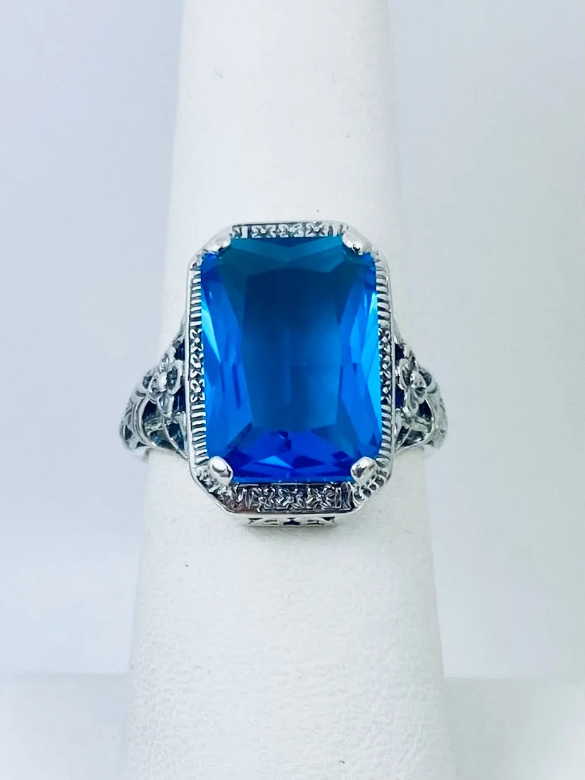 Swiss Blue Topaz Ring, Size 7, Cushion Cut Gemstone, Vintage Style Art Nouveau Jewelry, Design#D64 - Ready to Ship