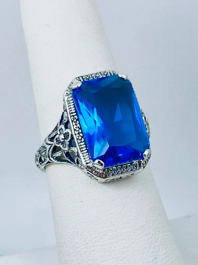 Swiss Blue Topaz Ring, Size 7, Cushion Cut Gemstone, Vintage Style Art Nouveau Jewelry, Design#D64 - Ready to Ship
