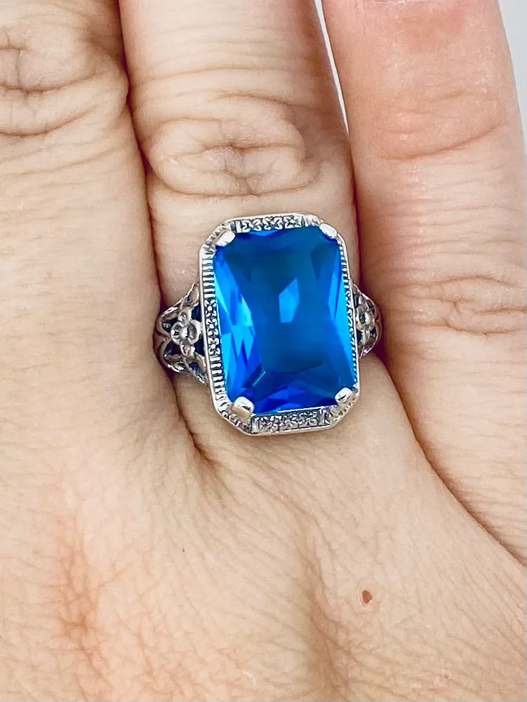 Swiss Blue Topaz Ring, Size 7, Cushion Cut Gemstone, Vintage Style Art Nouveau Jewelry, Design#D64 - Ready to Ship