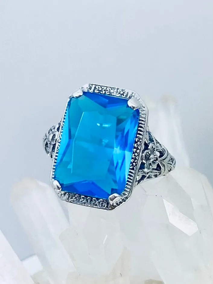 Swiss Blue Topaz Ring, Size 7, Cushion Cut Gemstone, Vintage Style Art Nouveau Jewelry, Design#D64 - Ready to Ship