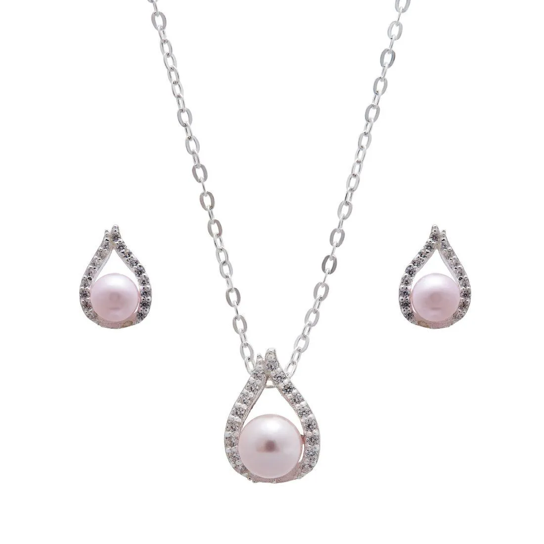Synthetic Pink Pearl Necklace and Earrings Set in Sterling Silver