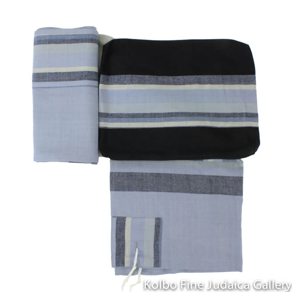 Tallit Set, Soft Tones of Gray, Ivory, and Black, Hand-Spun Cotton and Silk, with Bag, Ethically and Sustainably Made