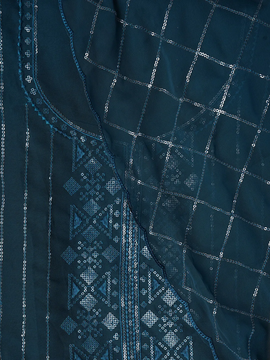 Teal Unstitched Embroidered Silk Georgette Dress Material With Dupatta