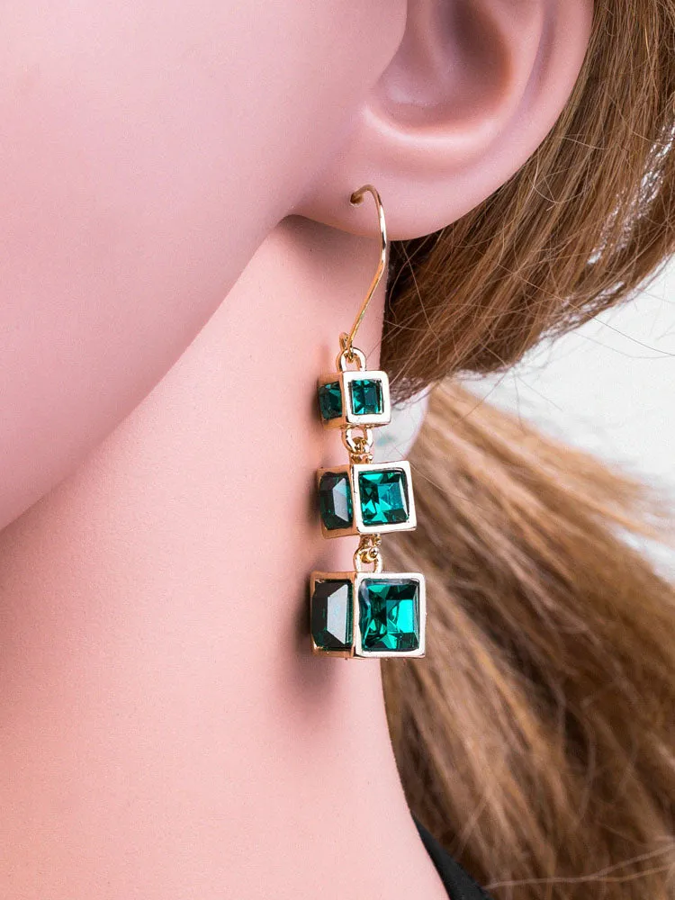 Temperament Simple Gradient Inlaid Crystal Three-dimensional Geometric Squares Retro Hipster Net Red Earrings Female