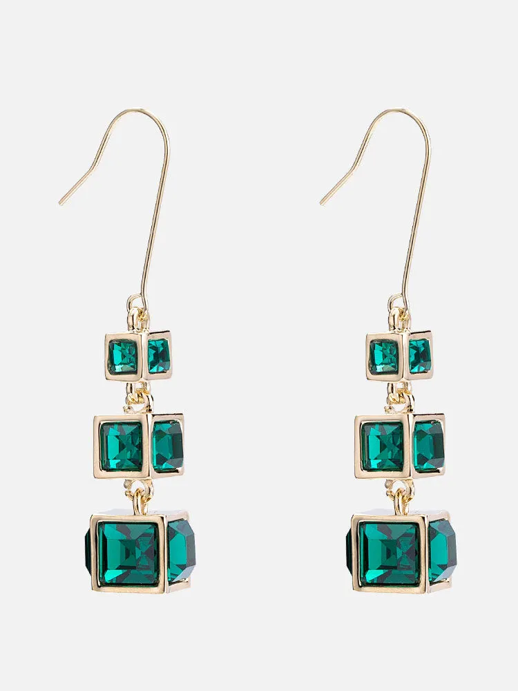 Temperament Simple Gradient Inlaid Crystal Three-dimensional Geometric Squares Retro Hipster Net Red Earrings Female