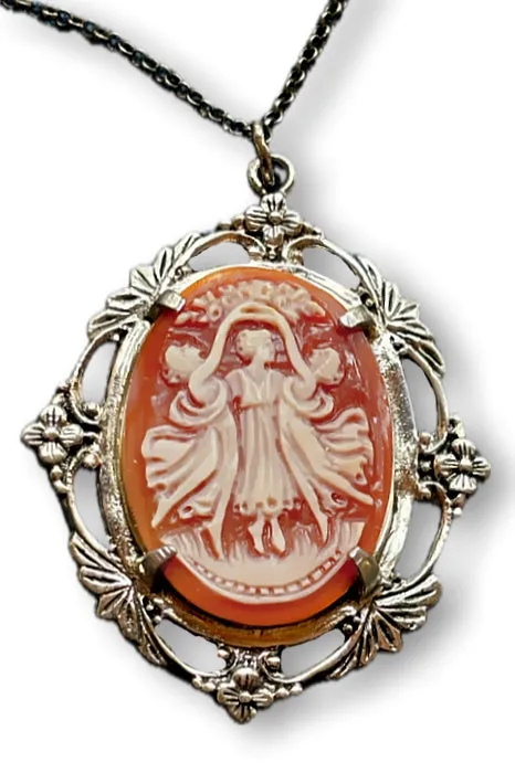 The Three Graces hand carved Cameo Pendant in a Beautiful Vintage Silver Frame with Chain