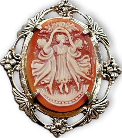 The Three Graces hand carved Cameo Pendant in a Beautiful Vintage Silver Frame with Chain
