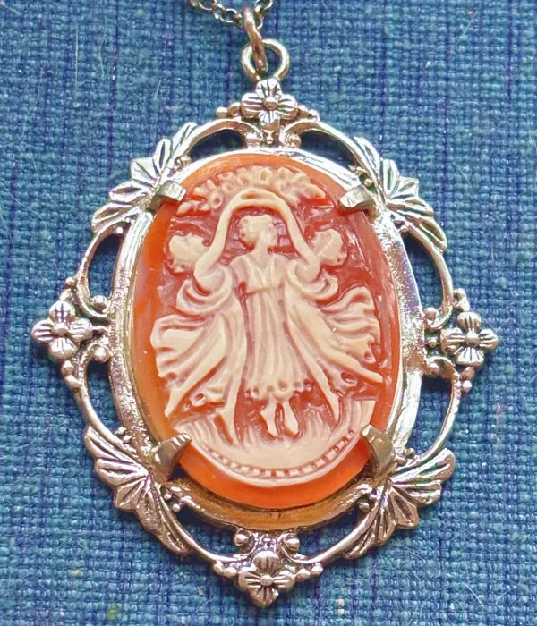 The Three Graces hand carved Cameo Pendant in a Beautiful Vintage Silver Frame with Chain