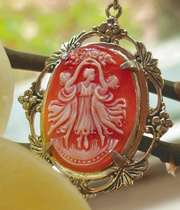 The Three Graces hand carved Cameo Pendant in a Beautiful Vintage Silver Frame with Chain