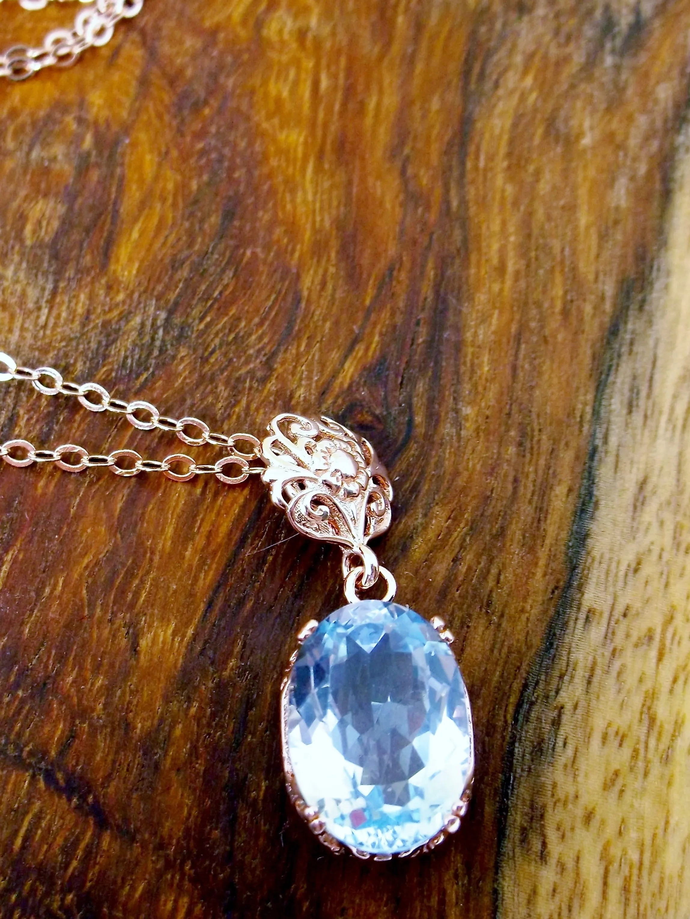 Topaz Pendant, Rose Gold, Natural Sky Blue Topaz Edwardian Necklace #P70